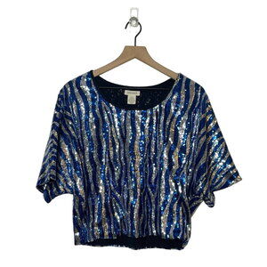 Sans Souci Sequin Top Size S Blue and Silver Batwing Sleeve Retro Party